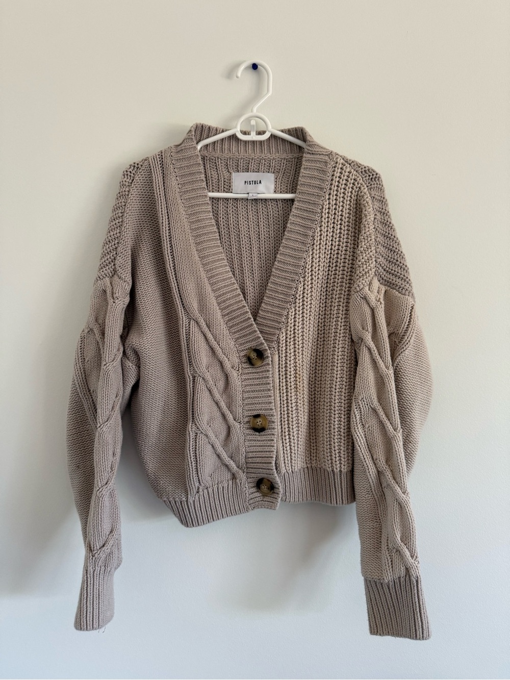 Pistola Beige Cable-Knit Button Front Sweater Cardigan